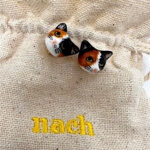 Nach Bijoux Paris porcelain Black and Calico Cat stud Earrings handmade